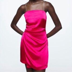 Zara Festive Days Fuchsia Rhinestone Spaghetti Strap Mini Dress L Barbiecore